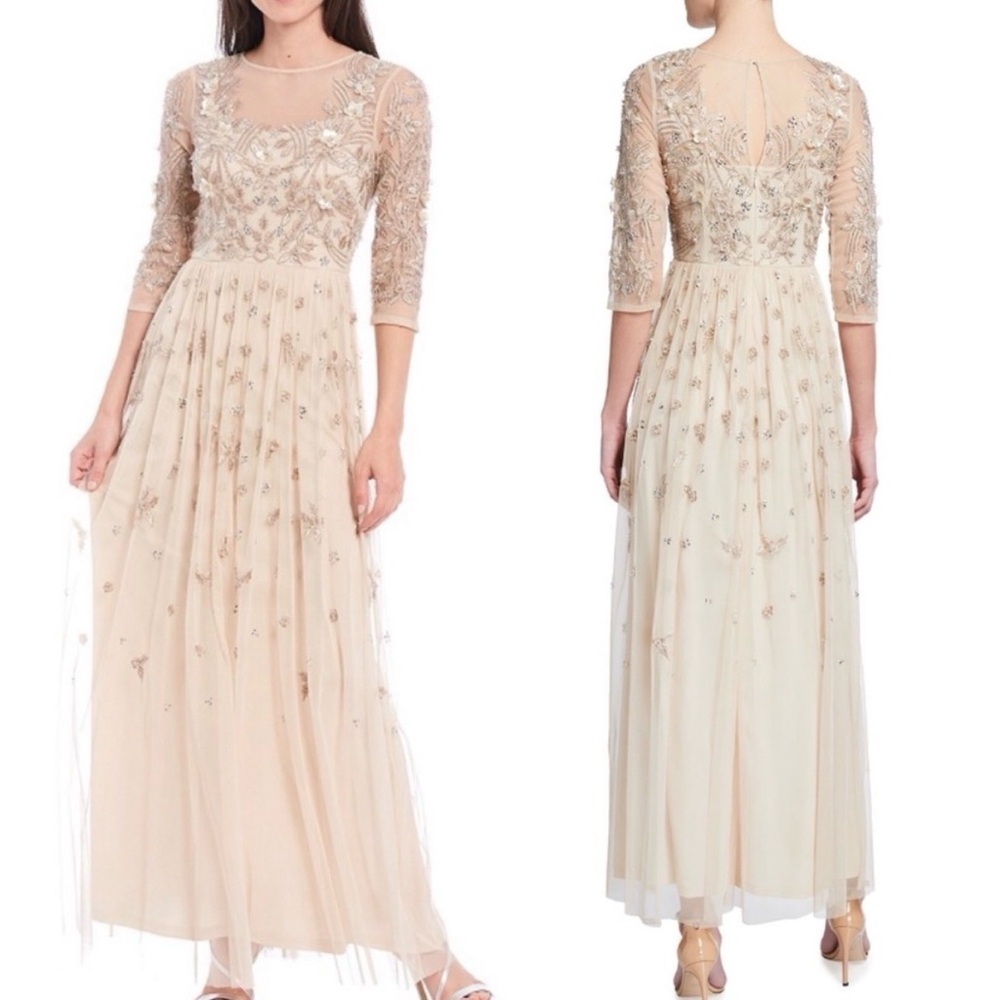 NWT Aidan Mattox Beaded Bodice 3/4 Sleeve Sweetheart Neckline Champagne size 6